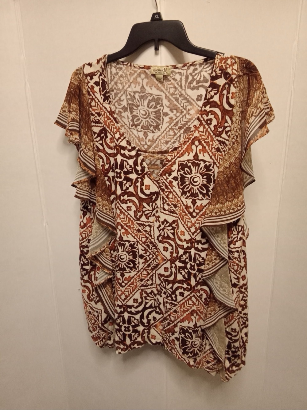 One World Live & Let Live Women’s 1X Boho Paisley Ruffle Tunic  Brown Cream A6